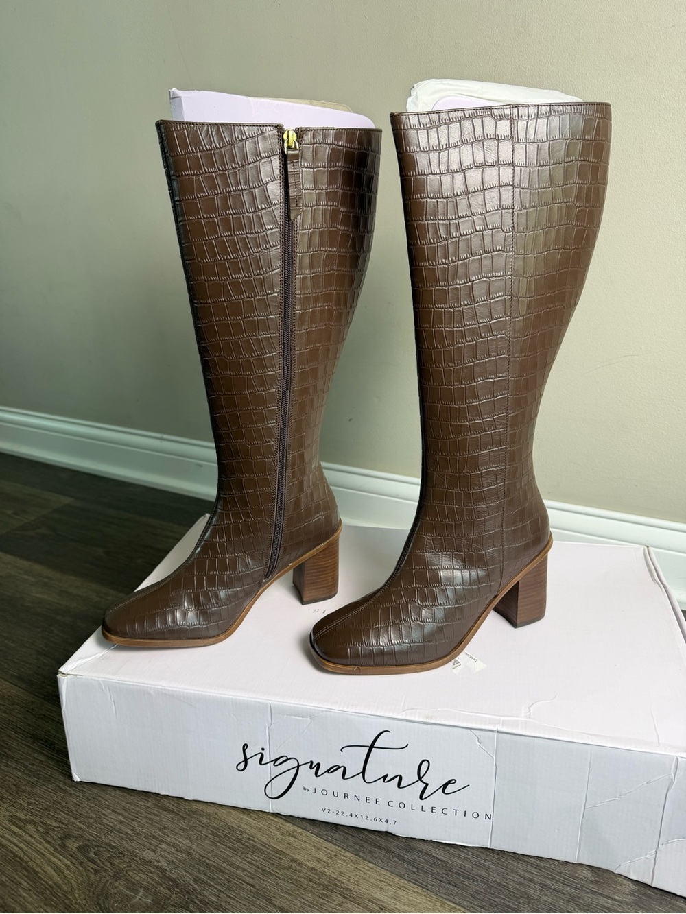 Journee Collection Brown Croc-Embossed Knee-High Block Heel Boots